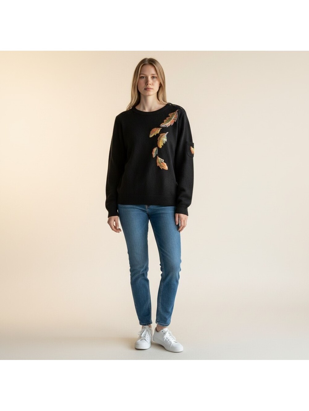 Christopher & Banks Sweater Pullover Women S Small Black Floral Embroidered